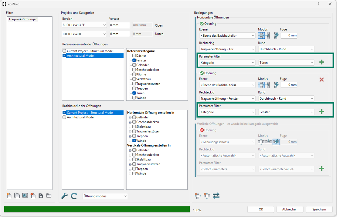 Parameterfilter für Tragwerksöffnungen