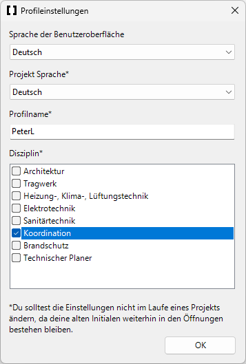 Dialog Profileinstellungen