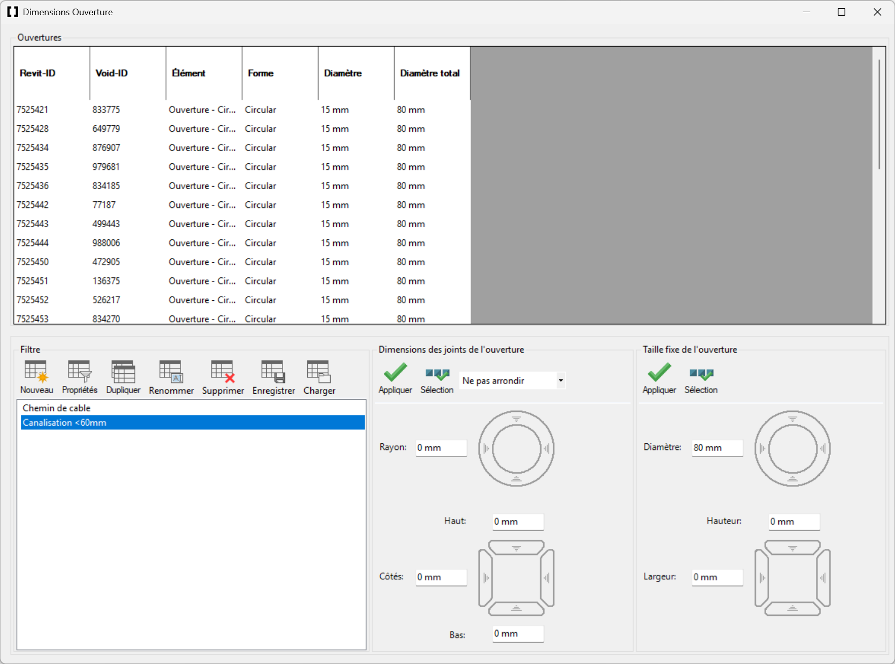 Interface Dimensions Ouverture