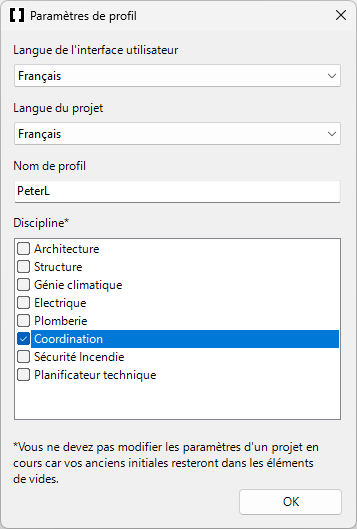 Boîte de dialogue Paramètres de profil