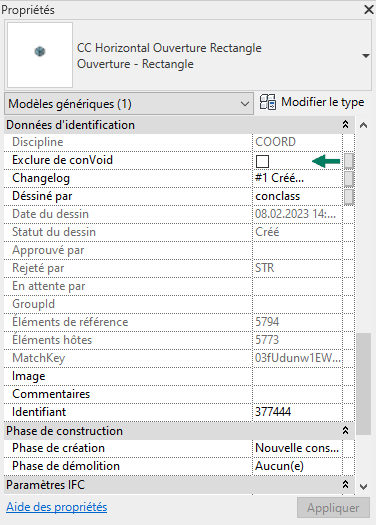 Paramètre « Exclure de ConVoid » dans la palette des propriétés